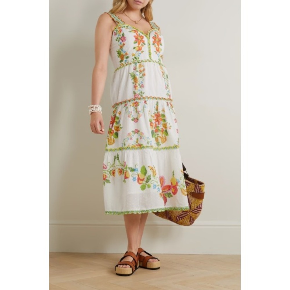 Farm Rio Tropical Romance Scalloped Tiered Printed Cotton Midi Dress Small White